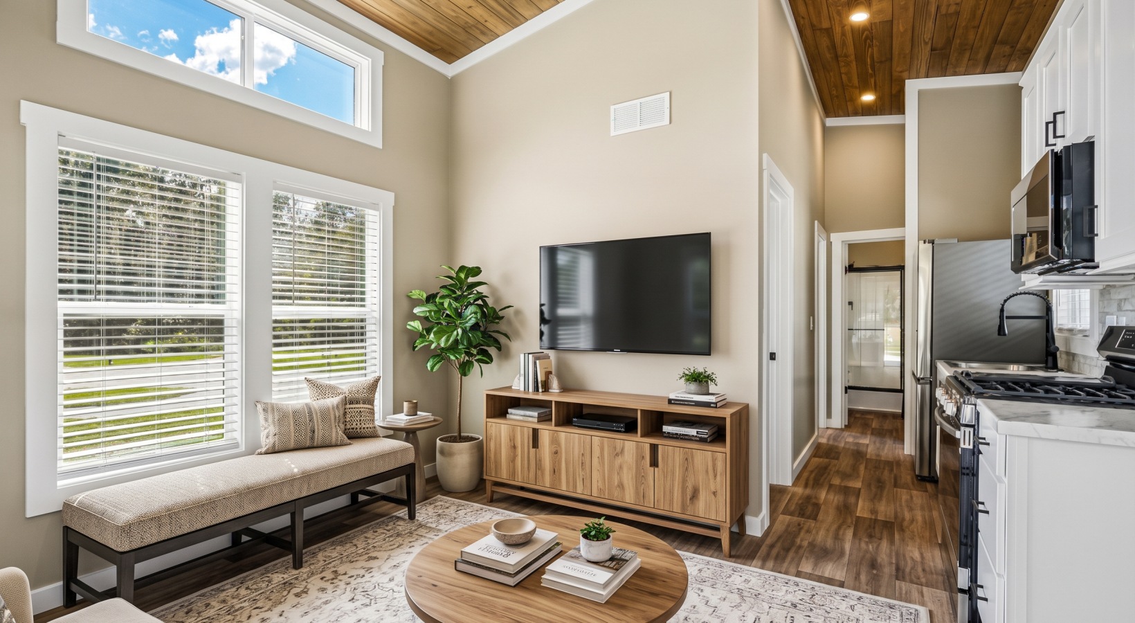 Virtually staged cottage living room featuring a natural wood TV console, a seating bench under large windows, and a round coffee table. 
