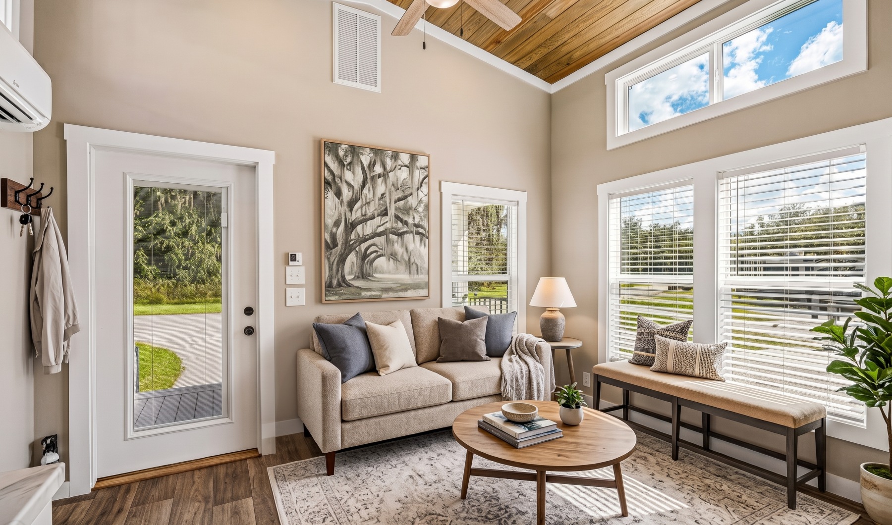 Virtually staged cottage living room with a neutral sofa, organic artwork, a seating bench, and a clear path to the glass front door. 
